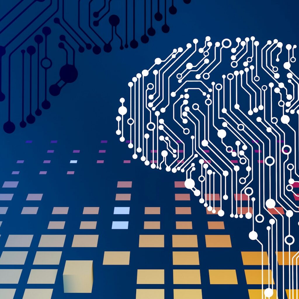 AI brain formed from circuit traces above a grid of data blocks, representing enterprise AI built on a structured data foundation.
