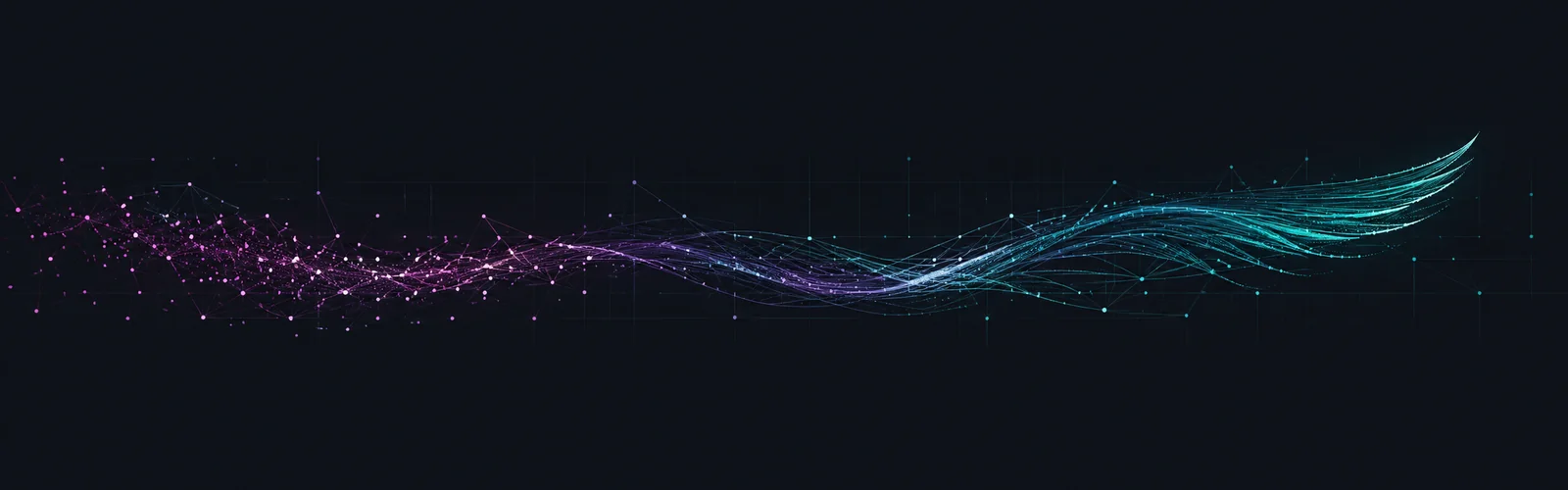 Scattered magenta data points gathering into a teal stream that ends in a feathered wing, on navy