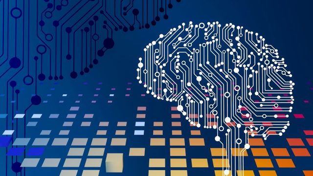 AI brain formed from circuit traces above a grid of data blocks, representing enterprise AI built on a structured data foundation.